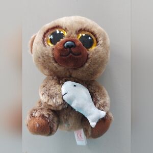 Ty Beanie Boo Henry Brown Plush Bear Holding Fish- Tush Tag But No Hang Tag
